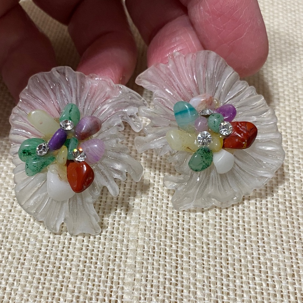 Vintage natural gemstone chip Clip-On Earrings - Picture 8 of 12